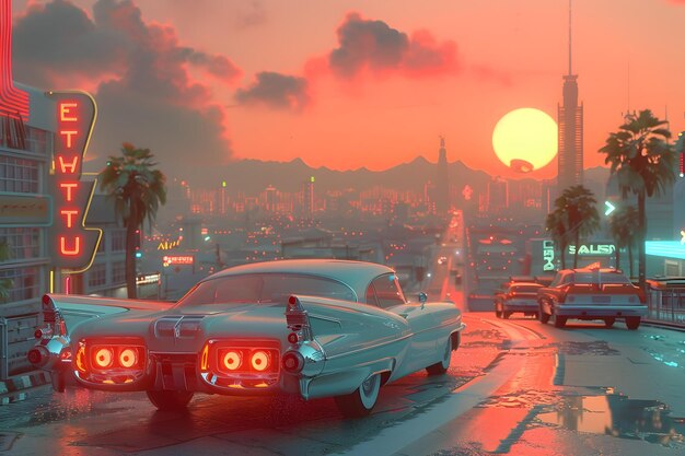Futuristic City Street Scene with Retro Car at Sunset