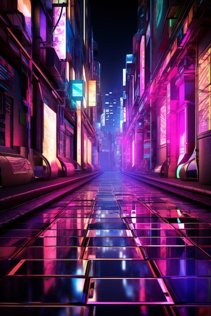 Futuristic city street with neon lights reflecting off the wet pavement