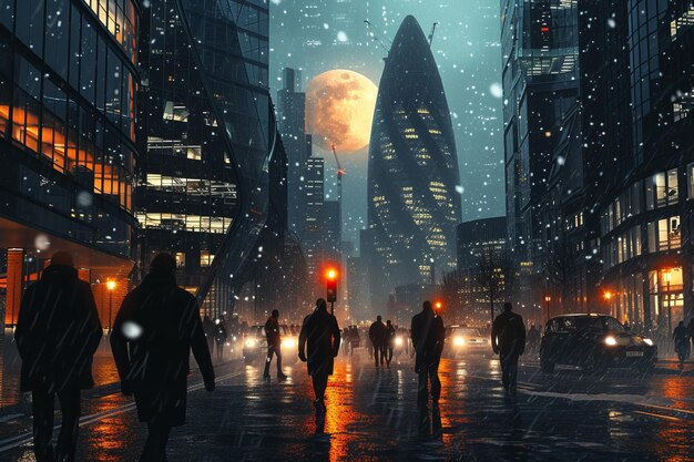 Futuristic city street with people walking in the rain at night with a large moon in the background