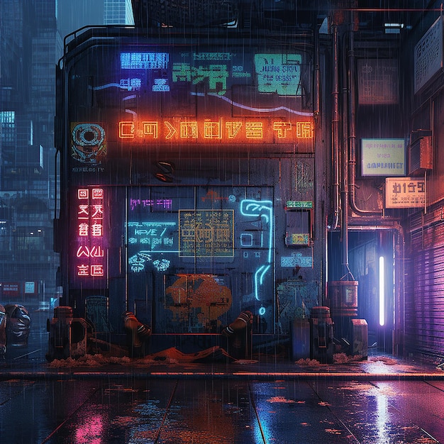 Photo futuristic city in the style of cyberpunk neonlit street with a lot of graffiti on the walls of ol