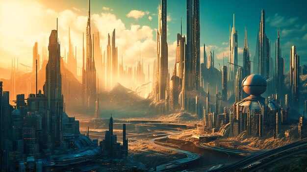 A futuristic city at sunrise