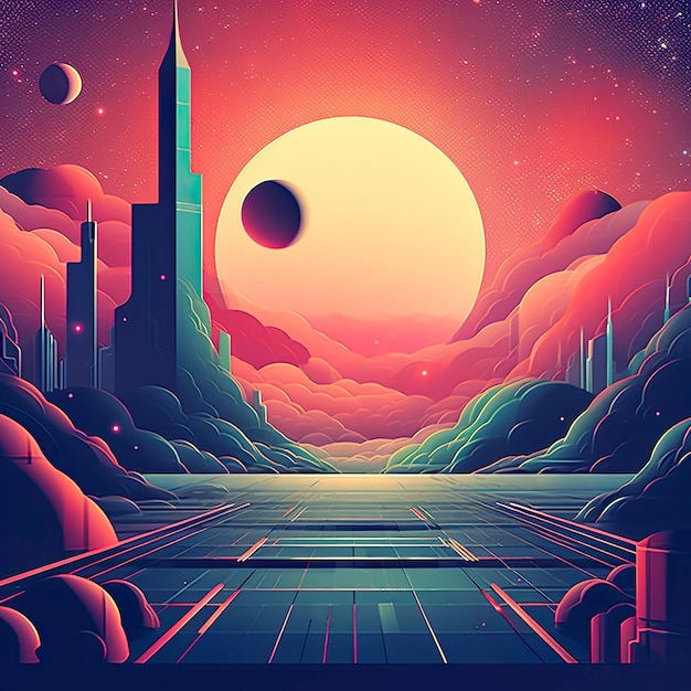 Futuristic city at sunset Futuristic landscape Abstract City in the style of risographic technic