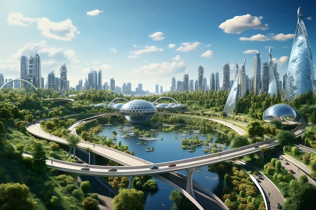 A futuristic city surrounded by trees and a river AI