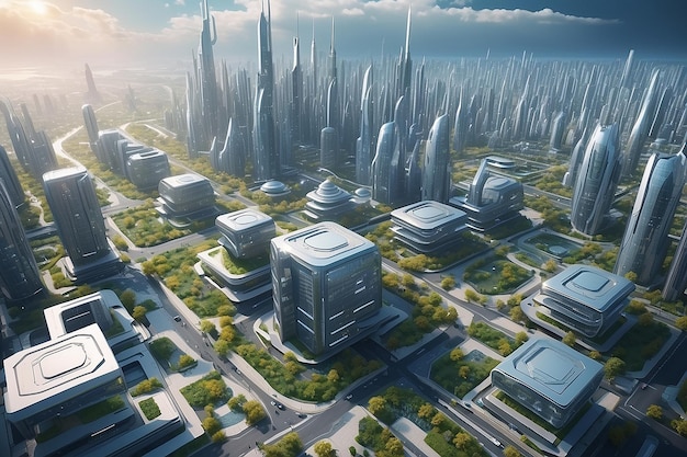 Foto città futuristica il concetto del futuro vista aerea rendering 3d