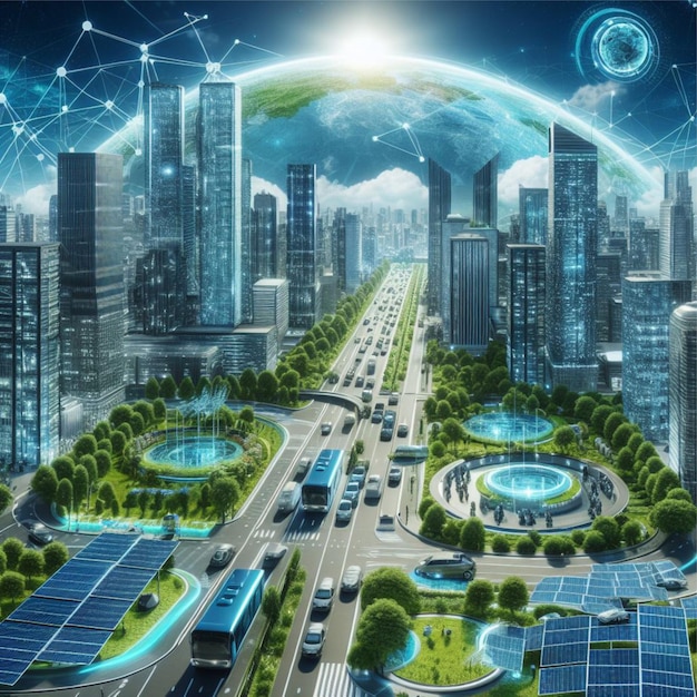 Photo futuristic city where skyscrapers are equipped with solar panels and green spaces