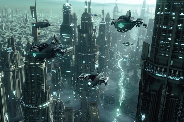 Футуристический город с роботами с искусственным интеллектом, летающими по воздуху.