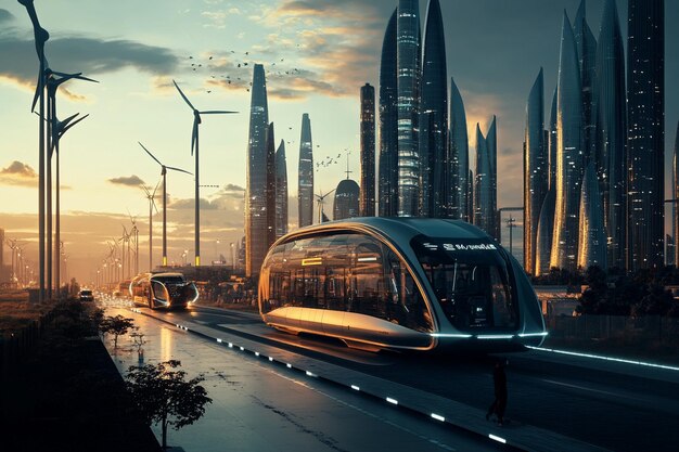 a futuristic city with autonomous electric buses a