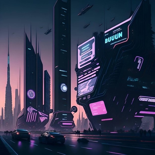 futuristic city with billboards in cyberpunk background