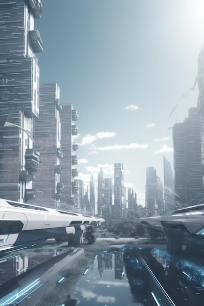 A futuristic city with a blue sky and a white building
