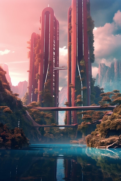 Photo futuristic city with a bridge over a river in a mountainous area generative ai