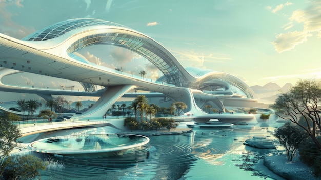 Futuristic city with bridge over water