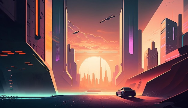 A futuristic city with a car driving on the road.