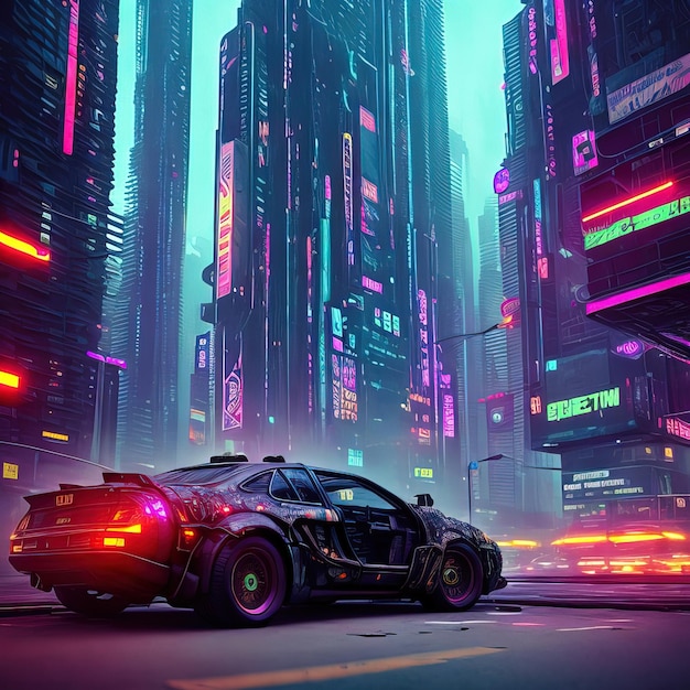 A futuristic city with a car in the foreground and a neon sign that says cyberpunk on it.