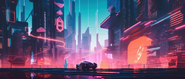Футуристический город с автомобилем посреди него Генеративный AI-изображение