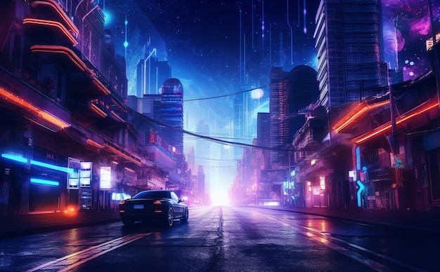 A futuristic city with a car on the road