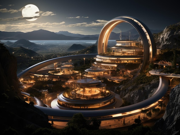 A futuristic city with a circular building on top of it Generative AI