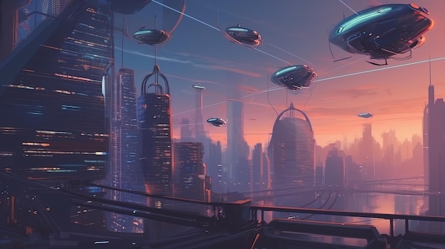 A futuristic city with flying cars Fantasy concept Illustration painting Generative AI