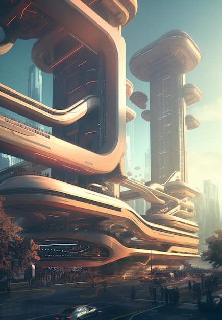 Futuristic city with a futuristic building and a car driving down the street generative ai