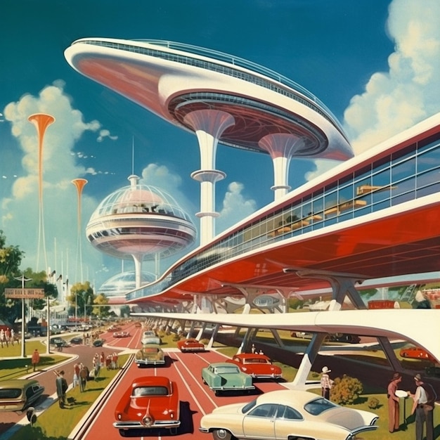 未来の車と街を歩く人々の未来の街 ゲネレーティブ・アイ