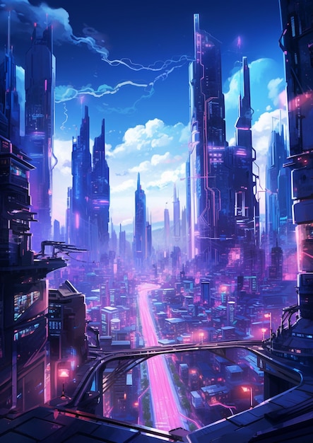 Futuristic city with a futuristic skyline and a highway at night generative ai