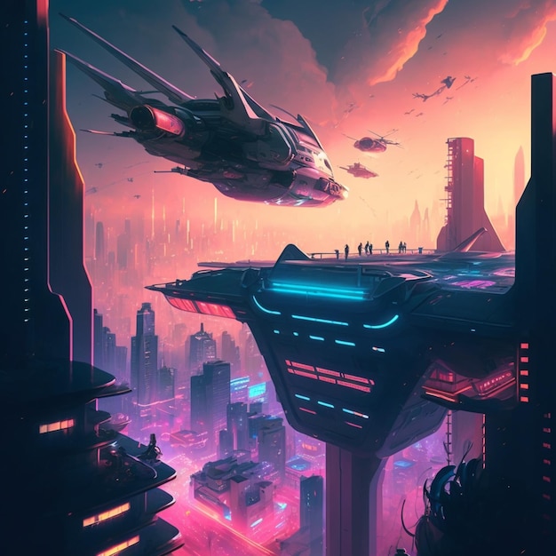 futuristic city with a futuristic spaceship flying over it generative ai