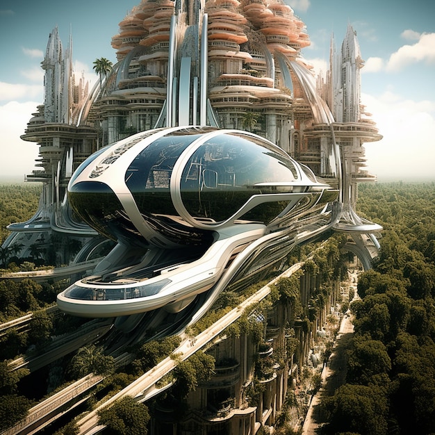 Foto città futuristica con un treno futuristico e un edificio futuristico generativo ai