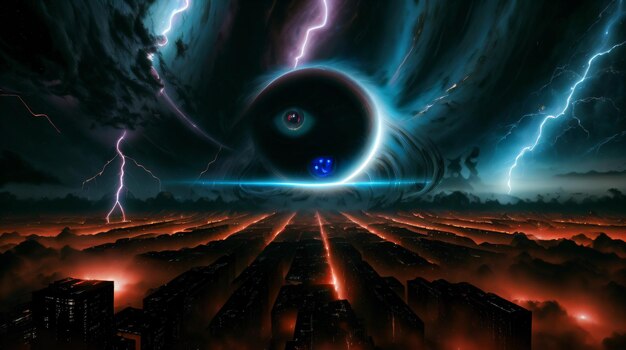 Photo a futuristic city with a giant black hole in the middle of it and lightning coming out of it and a b