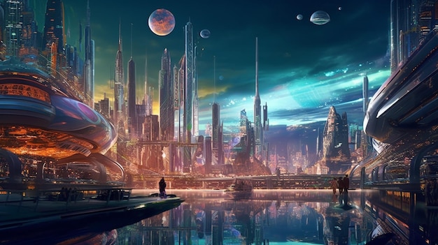 A futuristic city with giant holographic advertisement