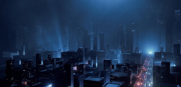 Futuristic city with glowing led lights from buildings and traffic