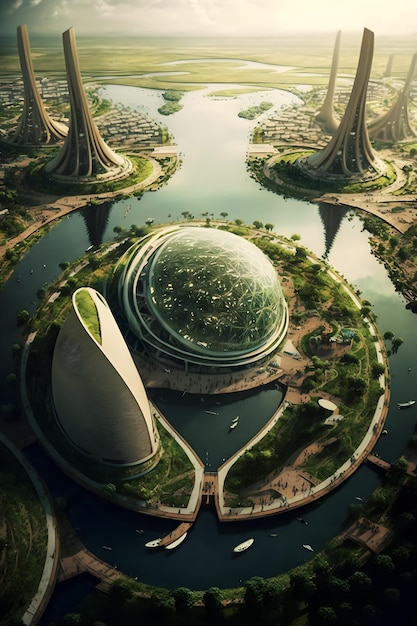 A futuristic city with a green dome and a green roof.