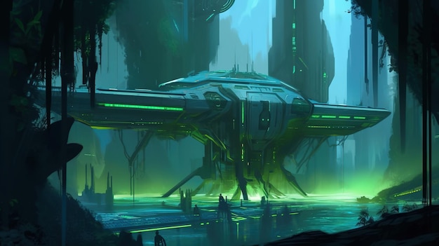 A futuristic city with a green light and a large object in the foreground.