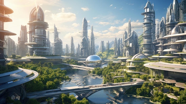 Futuristic city with green lush plant in sunny day