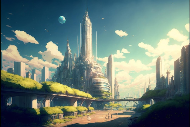 A futuristic city with a green planet on the top