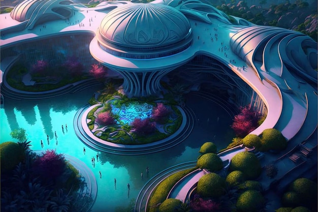 A futuristic city with a green roof and a large building with a large dome and a building with a green roof