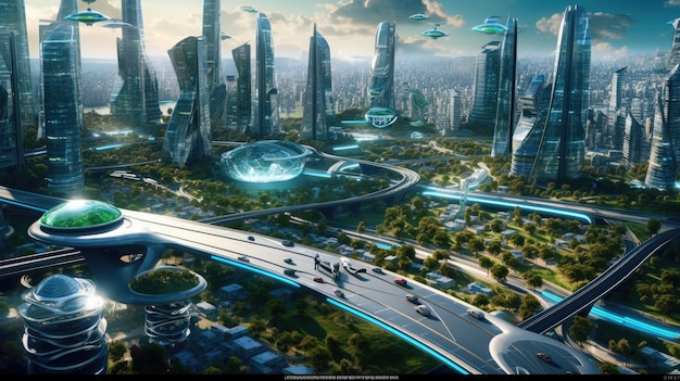 A futuristic city with a highway and a futuristic city.