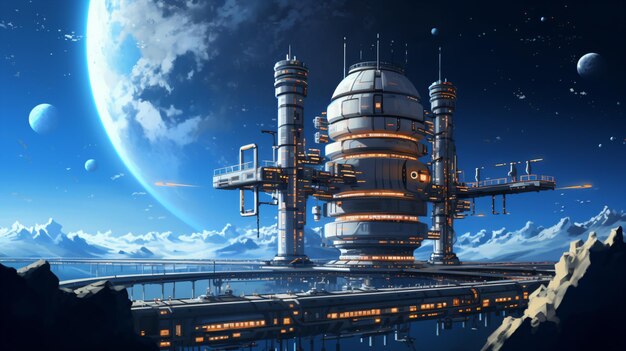 A futuristic city with a large moon in the background