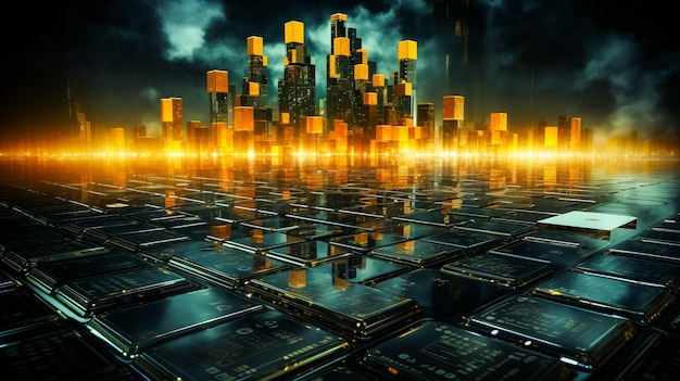 Futuristic city with lot of cell phones in the foreground Generative AI