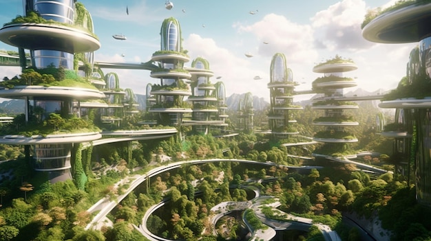 中間の生成 AI に木や建物がたくさんある未来的な都市