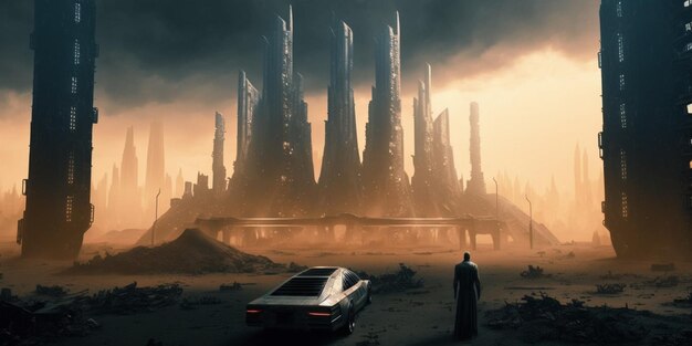 Photo futuristic city with a man standing in front of a car generative ai