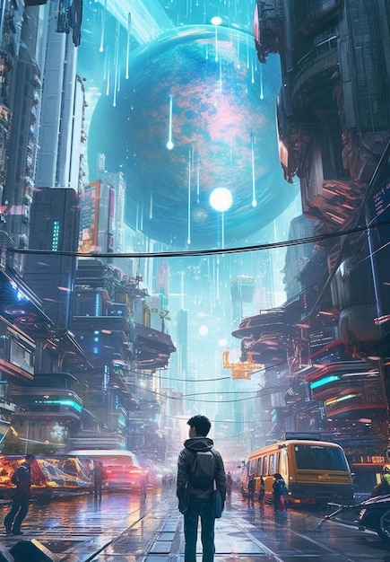 Teenager Standing on a Roof in Cyberpunk City Illustration Wallpaper  Generative AI Stock Illustration