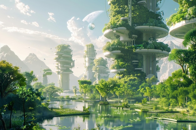 A futuristic city with many buildings and green spaces