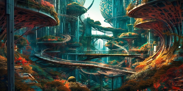 A futuristic city with many green leaves