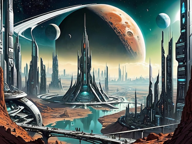 Photo a futuristic city with a moon in the background sci fi world exoplanet landscape