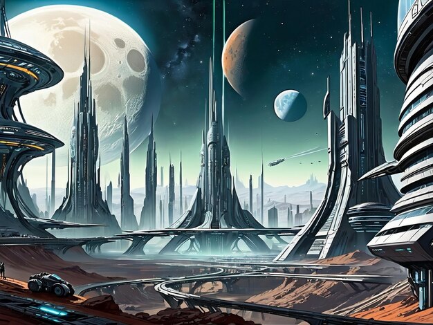 背景に月がある未来都市 SF 世界の系外惑星の風景