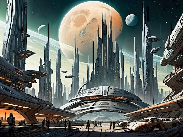 Photo a futuristic city with a moon in the background sci fi world exoplanet landscape