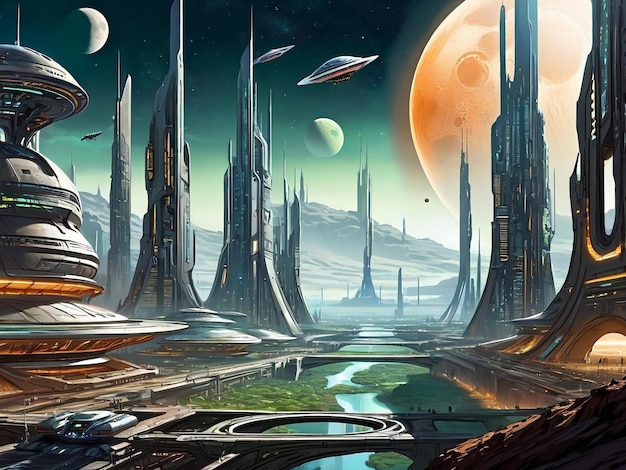 Футуристический город с луной на заднем плане научно-фантастический мир экзопланетный пейзаж