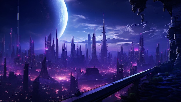 futuristic city with a moon in the sky and a distant city generative ai