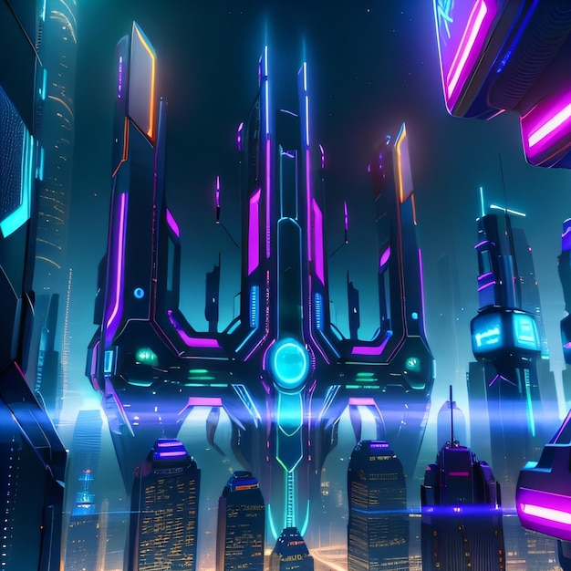 Futuristic city with neon billboard