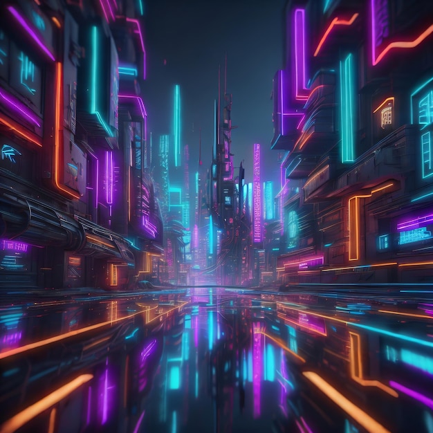 Futuristic city with neon billboard