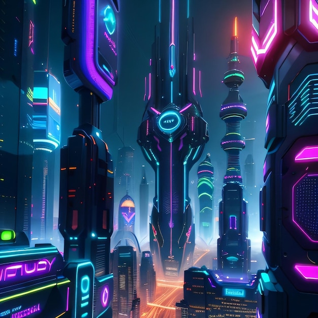 Futuristic city with neon billboard